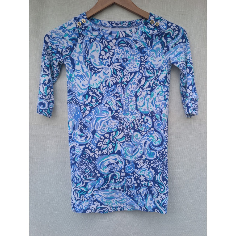 Lilly Pulitzer Mini Sophie Dress Girls M 6 7 Blue Print Gold Button 3 4 Sleeve